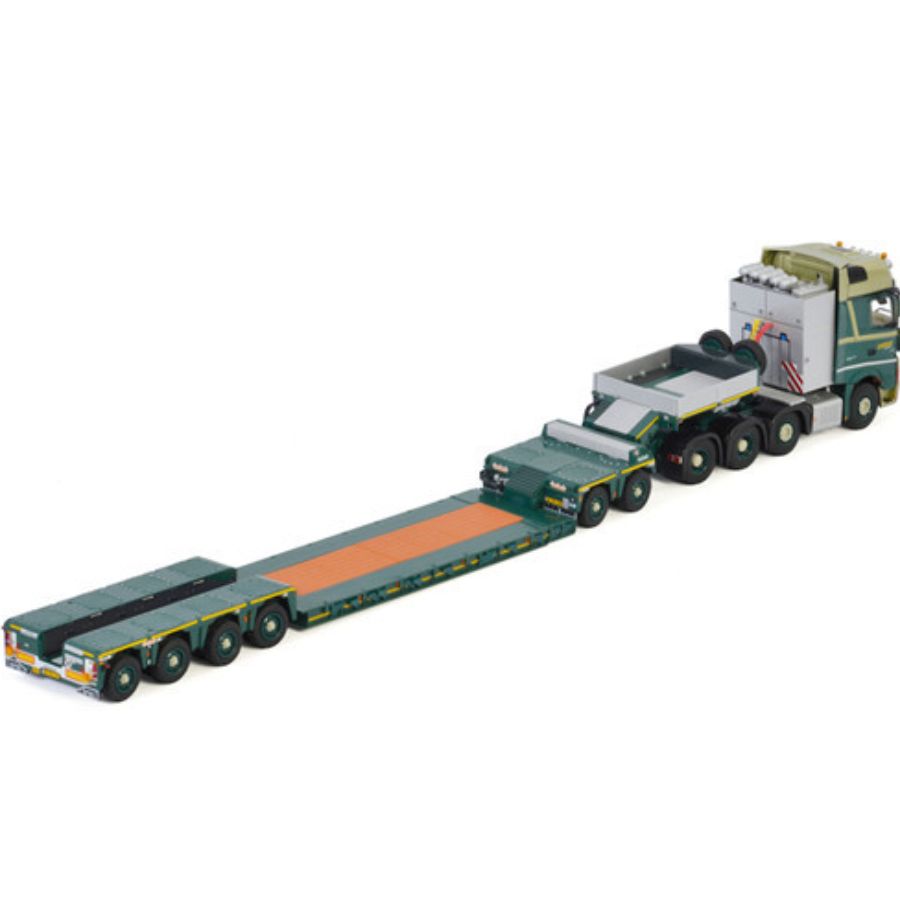 WSI BENZ ACTROS MP4 SLT GIGA SPACE 8X4 LOWLOADER 4 AXLE + DOLLY 2 AXLE BOLK TRANSPORT 1/50 DIECAST Truck