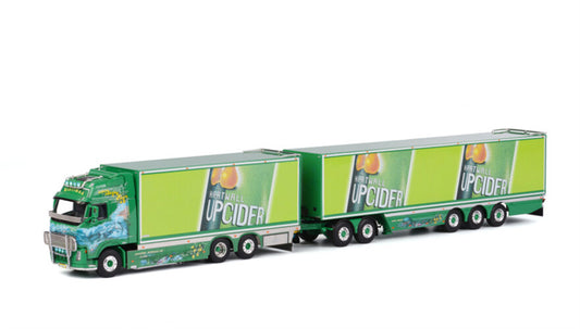 WSI  VOLVO FH2 GLOBETROTTER XL 6X2 TAG AXLE BOX TRAILER (3 as star) + 2as dolly Ristimaa Cider Shark 1:50 DIECAST Truck