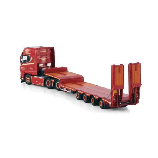 1:50 DAF KARSTEN V. OLESEN XG + 6X2 SEMI LOW LOADER W/ RAMPS 4 AXLE WSI Red Diecast Model