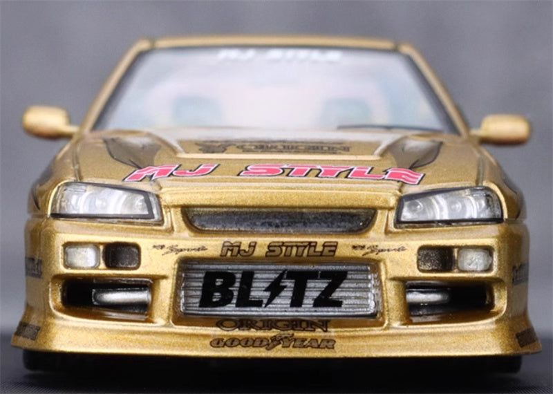 Mortal Nissan GTR ER34 25GT SKYLINE URAS Modified Edition MJ STYLE Gold Limited Edition 1:64 Car Pre-built Model view8