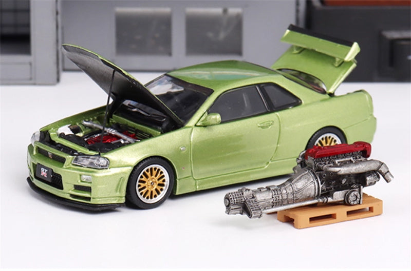 COOL ART Nissan GT-R R34 Metal green w/ engine 1:64 Car Pre-built Model view1