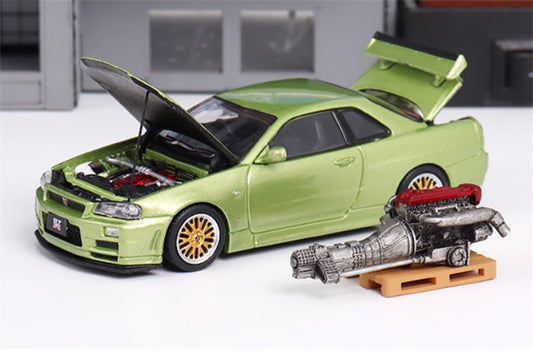 COOL ART Nissan GT-R R34 Metal green w/ engine 1:64 Car Pre-built Model view1