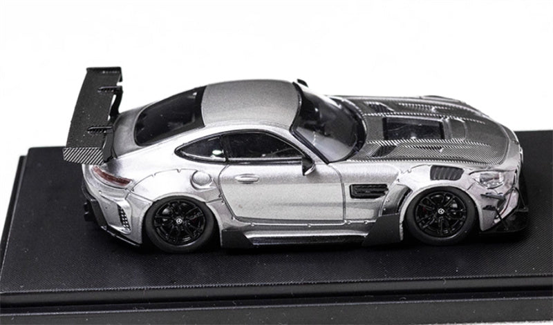 Rhino Model Mercedes AMG GTS modified big rear wing sports car silver gray 1:64 Car Pre-built Model view3