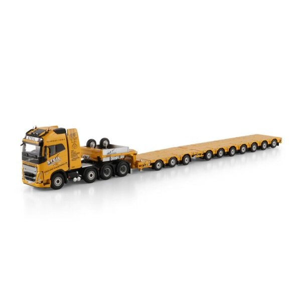 1:50 VOLVO STEIL FH5 XL 8X4 MANOOVR W/ 3 AXLE DOLLY 7 AXLE WSI Yellow Diecast Model