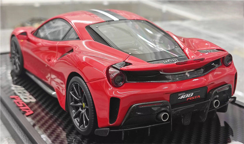 BBR MODELS Ferrari 488 pista Rosso Corsa 322 met Standard Red Black and white stripe Black wheel red calipers Limited Edition 25PCS ONLY Carbon fiber base 1:18 Car Pre-built Model view3