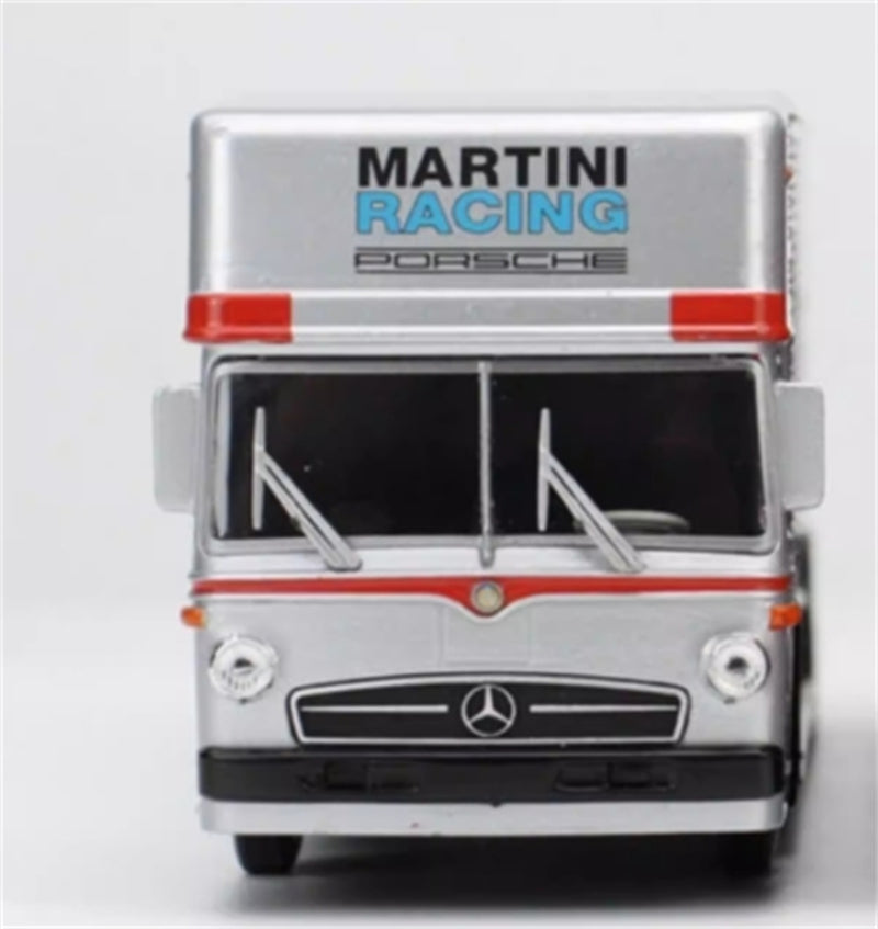 Schuco Mercedes Benz O317 Race Car Transporter Team Porsche Martini Racing silver 1971 1:64 Truck Pre-built Model