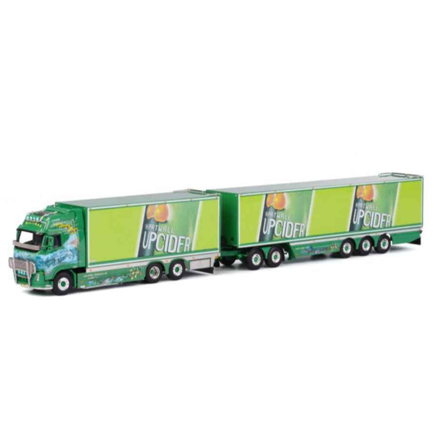 WSI  VOLVO FH2 GLOBETROTTER XL 6X2 TAG AXLE BOX TRAILER (3 as star) + 2as dolly Ristimaa Cider Shark 1:50 DIECAST Truck
