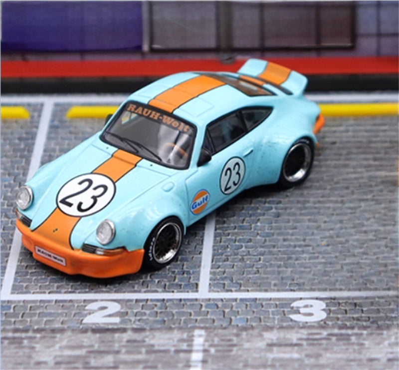 mymodelcollect Porsche RWB 930 Duck Wing gulf Limited Edition 999PCS ONLY RAUH - Welt 1:64 Car Pre-built Model view1