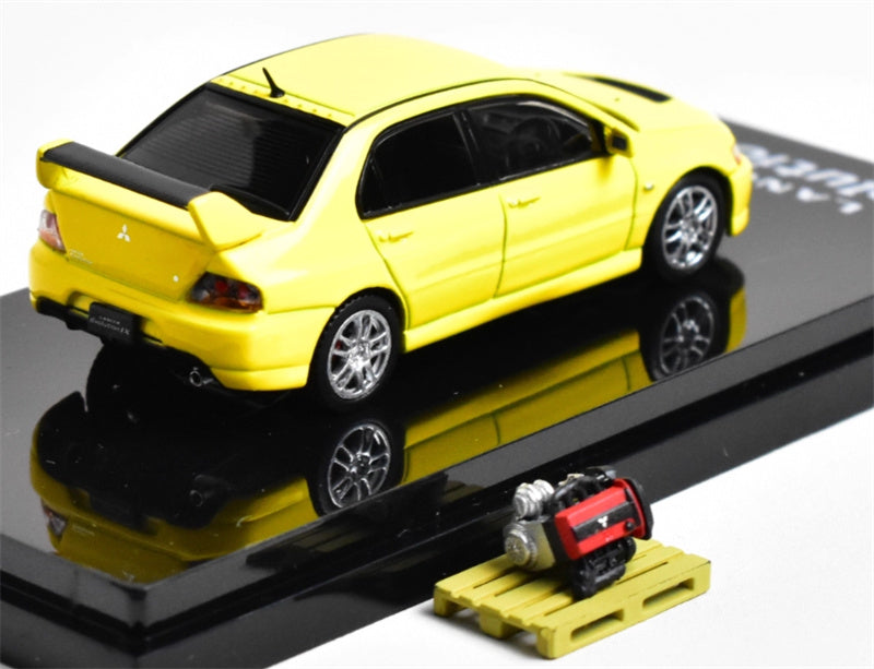 Hobby JAPAN MITSUBISHI LANCER EVOLUTION 9 GSR with Engine YELLOW - Silver Wheel 1:64 Car Pre-built Model view2