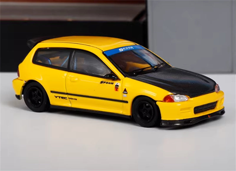 SW Honda Civic EG6 SPOON yellow carbon cover Limited Edition 500PCS ONLY 1:64 Car Pre-built Model view4