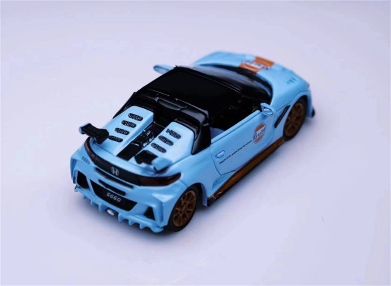Mortal Honda S660 Mugen Convertible Wide body modified version Small Tail Bay GULF Coating - with Top Cover 1:64 Car Pre-built Model view4