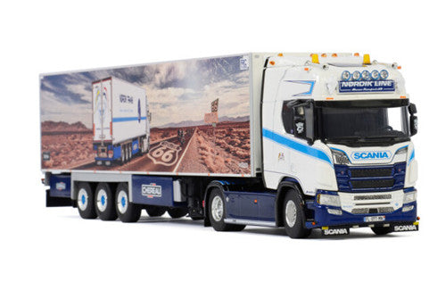 WSI SCANIA R HIGHLINE CR20H 4X2 REEFER TRAILER NORDIK LINE 1:50 Truck Pre-built Model
