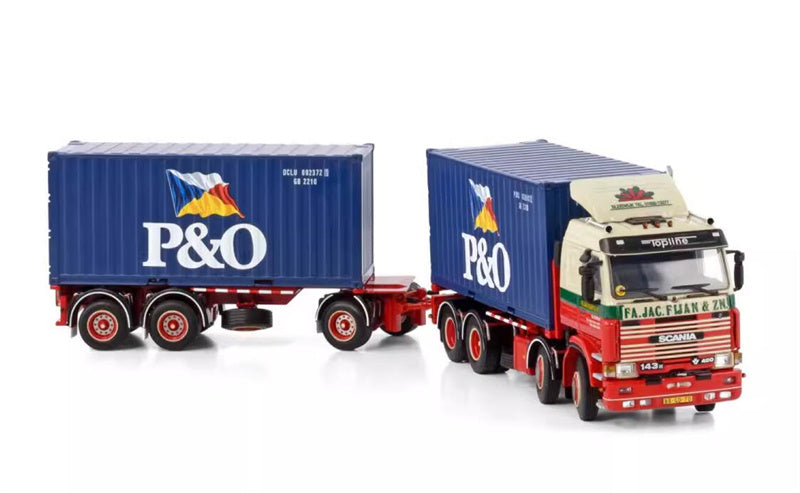 WSI SCANIA 3 SERIES 8X2 TAG AXLE RIGED DRAWBAR CONTAINER COMBI - 7 AXLE + 2X 20FT CONTAINER FA. JAC. FIJAN & ZN. 1:50  DIECAST Truck Lorry