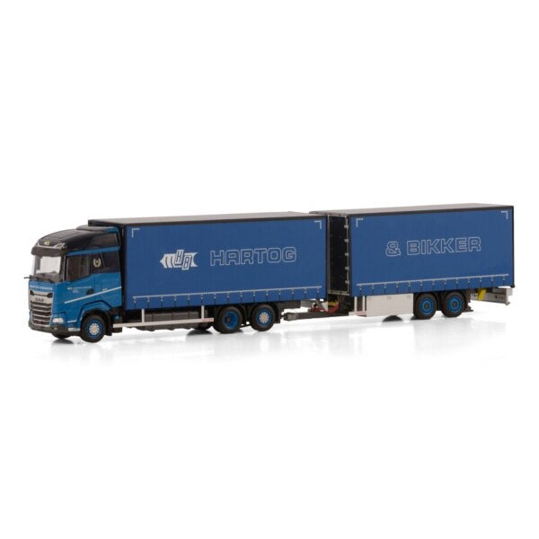 1:50 DAF HARTOG BIKKER XG 6X2 CURTAINSIDE CENTRE-AXLED TRAILER 5 AXLE WSI Blue Diecast Model