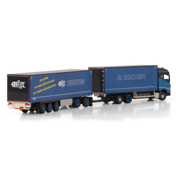 1:50 VOLVO Hartog & Bikker FH5 6X2 CURTAINSIDE TRAILER 3 AXLE + DOLLY LOW WSI Blue Diecast Model
