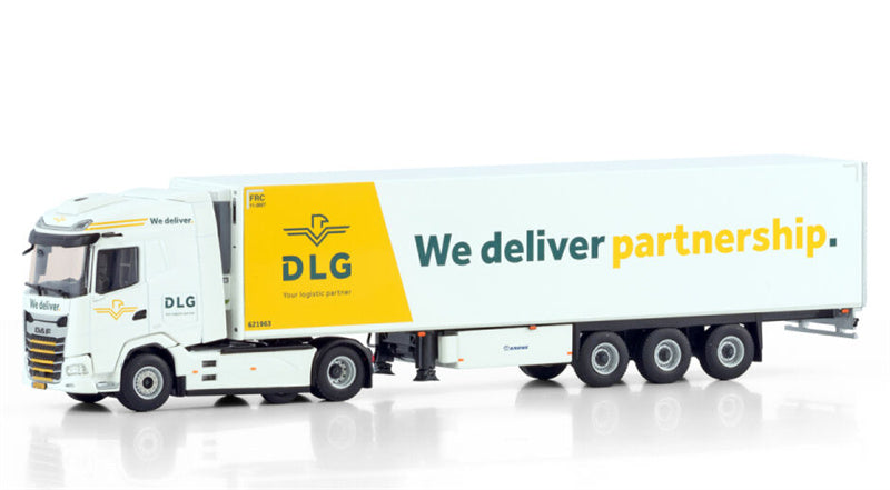 WSI DAF XG 6X2 MIDLIFT AXLE REEFER TRAILER - 3 AXLE DLG Logistics 1:50 Truck Pre-built Model