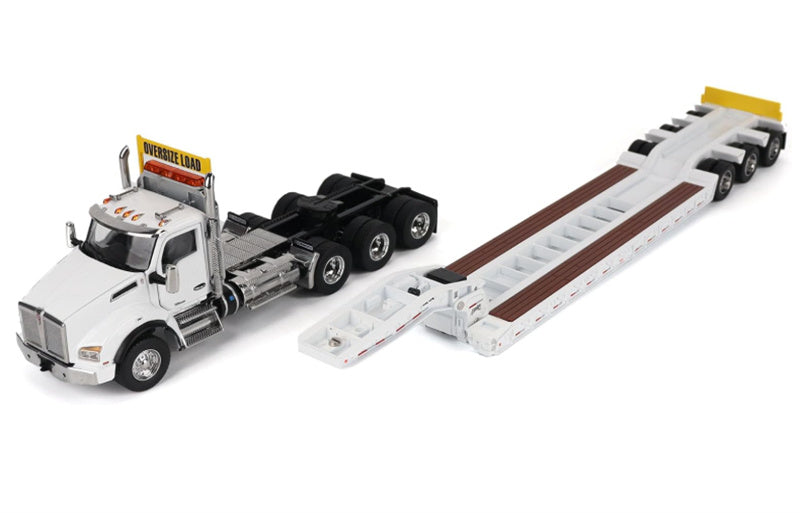 CATERPILLAR Kenworth T880 SBFA Daycab Tridem Tractor in White with Trail King TK120 HDG Lowboy Trailer 1:50 Truck Pre-built Model