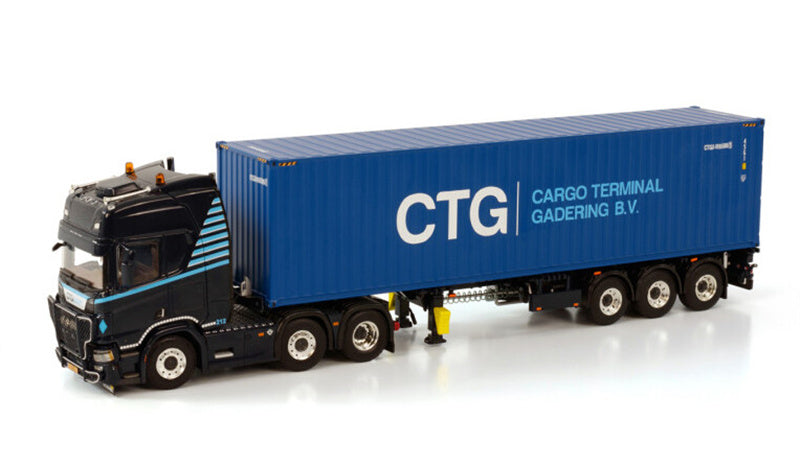 WSI SCANIA R HIGLINE CR20H 6X2 TWIN STEER CONTAINER TRAILER 3 AXLE WITH 40 FT CONTAINER CTG TRANSPORT 1:50 Truck Pre-built Model