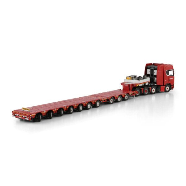 1:50 SCANIA NOOTEBOOM RED LINE S CS20H 8X4 MANOOVR W/ 3 AXLE DOLLY 7 AXLE WSI Red Diecast Model