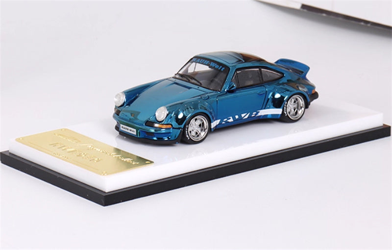 mymodelcollect Porsche RWB 930 Duck Wing Electroplating blue white edges 1:64 Car Pre-built Model view1