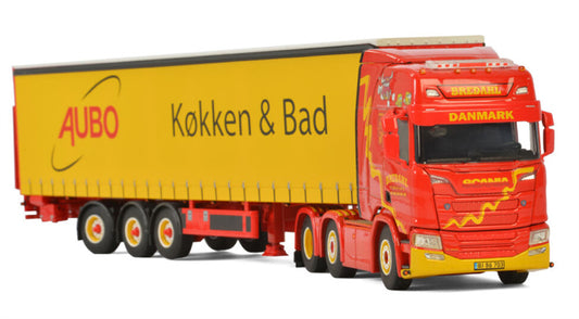 WSI SCANIA R HIGHLINE 6X2 + CURTAINSIDETRAILER - 3 AXLE Bredahl Transport AUBO Kokken&Bad 1:50 Truck Pre-built Model