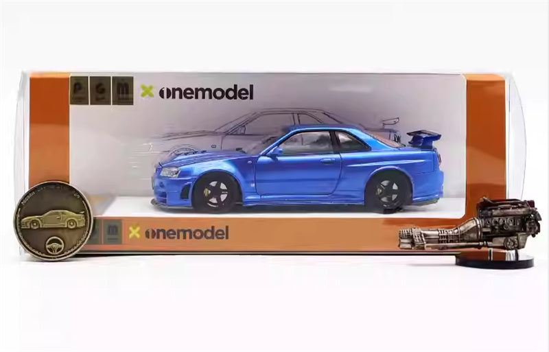 1:43 Nissan GTR Nismo R34 Z-TUNE  Metal Blue  PGM x onemodel Regular Edition White base w/ engine Limited Edition 688PCS ONLY DIECAST Car Model