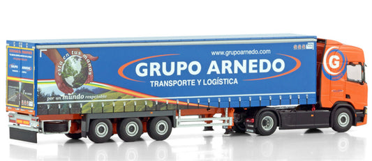 WSI SCANIA R HIGHLINE CR20H 4X2 CURTAINSIDE TRAILER - 3 AXLE Grupo Arnedo 1:50 Truck Pre-built Model