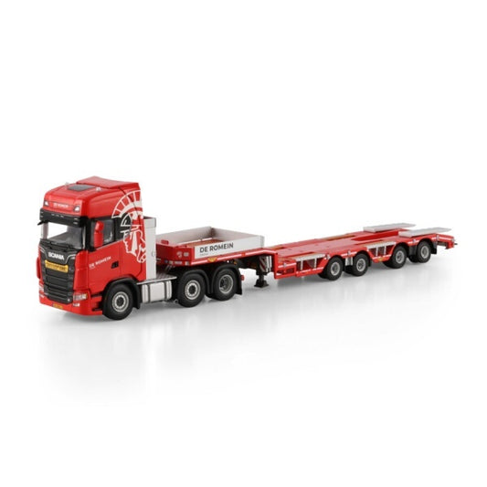1:50 SCANIA DE ROMEIN GROEP S CS20H 6X2 SEMI WHEEL WELL LOW LOADER 4 AXLE WSI  Red Diecast Model