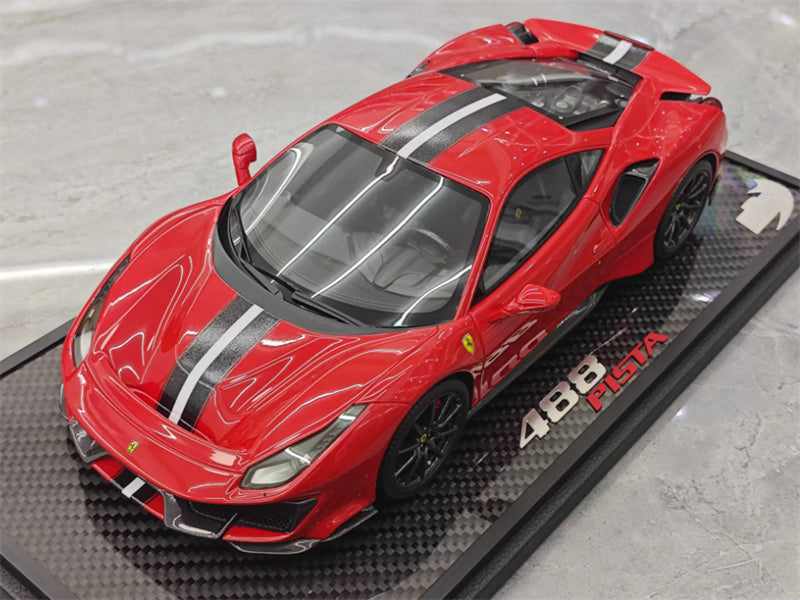 BBR MODELS Ferrari 488 pista Rosso Corsa 322 met Standard Red Black and white stripe Black wheel red calipers Limited Edition 25PCS ONLY Carbon fiber base 1:18 Car Pre-built Model view6