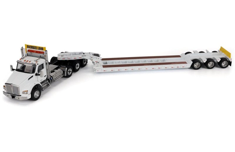 CATERPILLAR Kenworth T880 SBFA Daycab Tridem Tractor in White with Trail King TK120 HDG Lowboy Trailer 1:50 Truck Pre-built Model