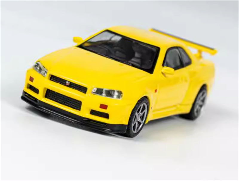 MINIGT Nissan Skyline GT-R(R34)V-Spec Lightning Yellow color box packaging 1:64 Car Pre-built Model view1