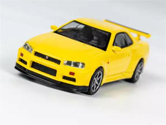 MINIGT Nissan Skyline GT-R(R34)V-Spec Lightning Yellow color box packaging 1:64 Car Pre-built Model view1