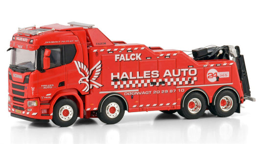 WSI  SCANIA R NORMAL CR20N 8X4 Falck FALKOM Halles Auto 1:50 Truck Pre-built Model
