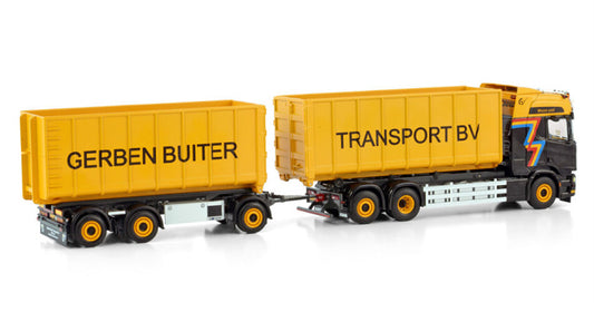 WSI SCANIA R HIGHLINE CR20H 6X2 TAG AXLE RIGED DRAWBAR TRUCK WITH HOOKLIFT SYSTEM - 3 AXLE + HOOKLIFT 40M3 CONTAINER Gerben Buiter 1:50 Model