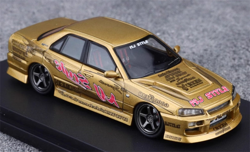 Mortal Nissan GTR ER34 25GT SKYLINE URAS Modified Edition MJ STYLE Gold Limited Edition 1:64 Car Pre-built Model view7