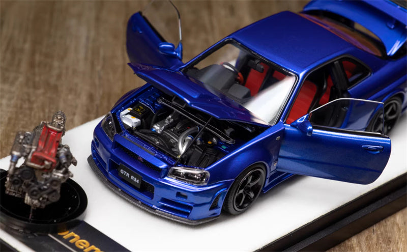 1:43 Nissan GTR Nismo R34 Z-TUNE  Metal Blue  PGM x onemodel Regular Edition White base w/ engine Limited Edition 688PCS ONLY DIECAST Car Model