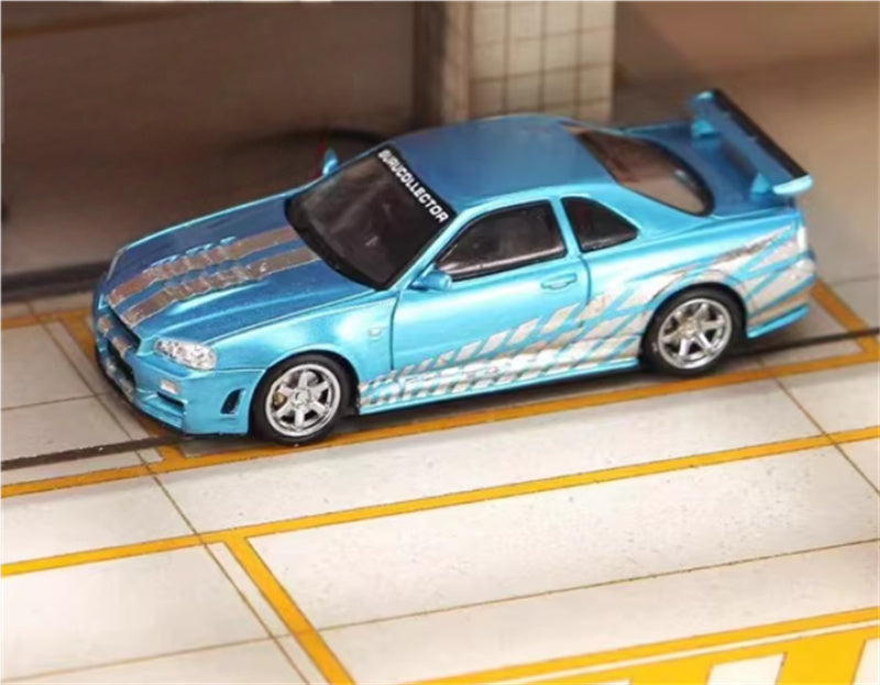Stance Hunters Nissan Skyline GTR BNR34 V-SPEC-II electroplated blue - silver edge 1:64 Car Pre-built Model view1
