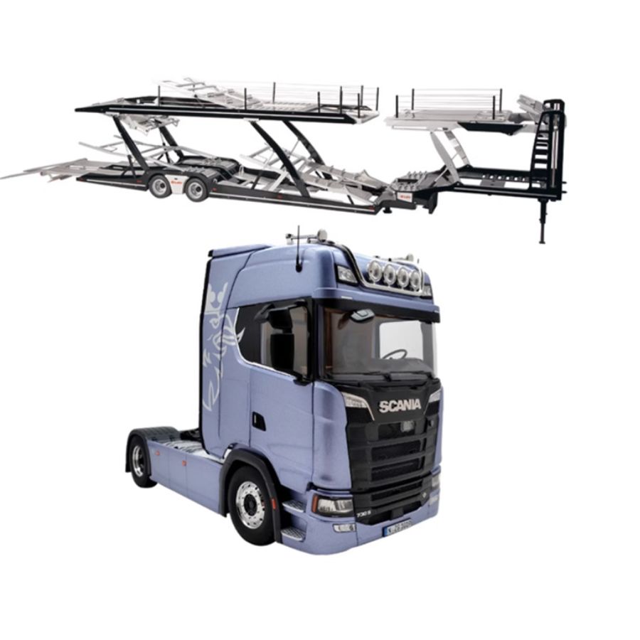 NZG SCANIA 730S Blue V8 transport vehicle + double-layer trailer 1:18 DIECAST Truck Lorry