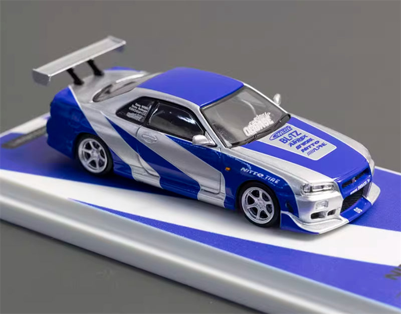 TIMEMICRO Nissan Skyline GT-R R34 Blue Silver NFS Edition Limited Edition 999PCS ONLY 1:64 Car Pre-built Model view2
