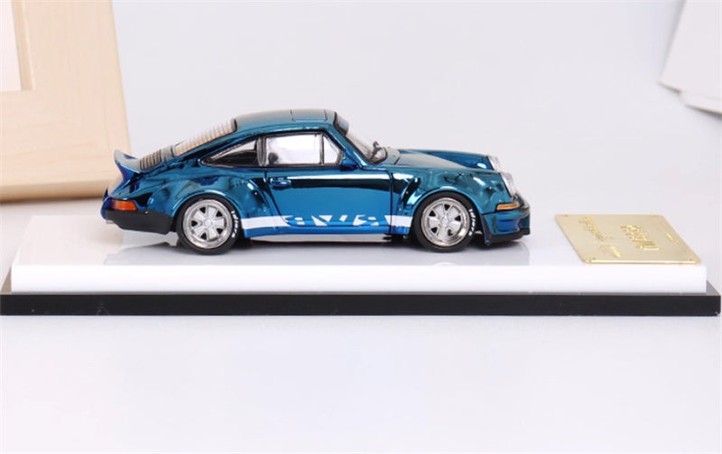 mymodelcollect Porsche RWB 930 Duck Wing Electroplating blue white edges 1:64 Car Pre-built Model view3