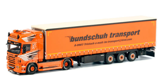 WSI SCANIA R6 TOPLINE CUTAIN SIDE / TAUTLINER TRAILER - 3 AXLE Bundschuh transport 1:50 Truck Pre-built Model