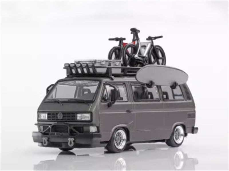 Mortal Model Volkswagen T3 Van Exhibition Edition matte gray with accessories 1:64 Car Pre-built Airliner Model Display view1