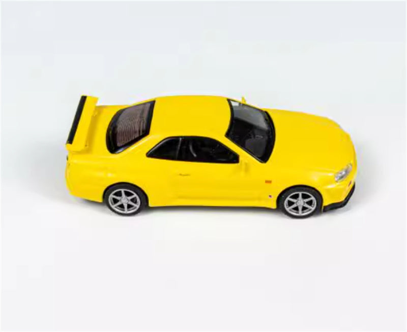 MINIGT Nissan Skyline GT-R(R34)V-Spec Lightning Yellow color box packaging 1:64 Car Pre-built Model view9