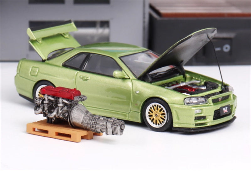 COOL ART Nissan GT-R R34 Metal green w/ engine 1:64 Car Pre-built Model view4