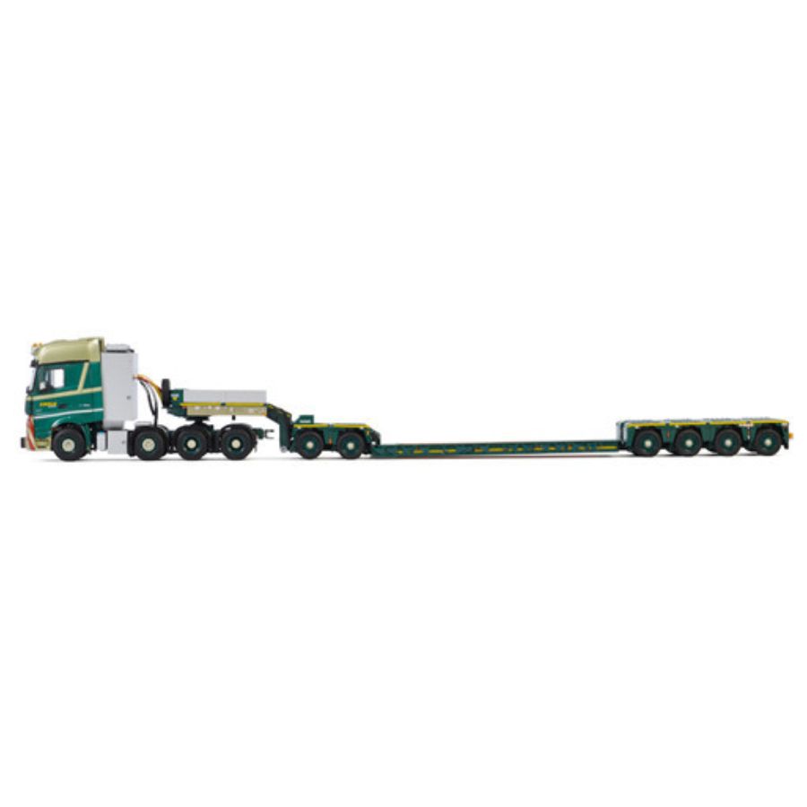 WSI BENZ ACTROS MP4 SLT GIGA SPACE 8X4 LOWLOADER 4 AXLE + DOLLY 2 AXLE BOLK TRANSPORT 1/50 DIECAST Truck