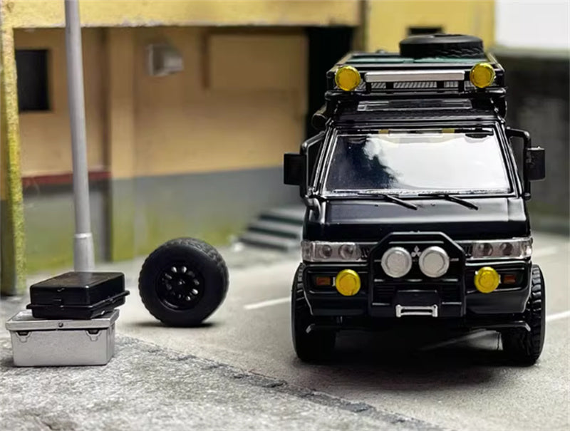 Autobots Models Mitsubishi Delica 3rd Generation Wagon 4X4 Off Road Modified Edition Black left-hand drive with accessories 1:64 Car Pre-built Model view6