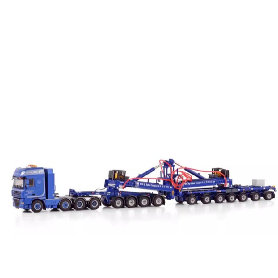 WSI DAF XF 105 SUPER SPACE CAB 8X4 MEGA WIND MILL TRAILER WITH 4 AXLE DOLLY - 7 AXLE RAHBEK 1:50  DIECAST Truck Lorry