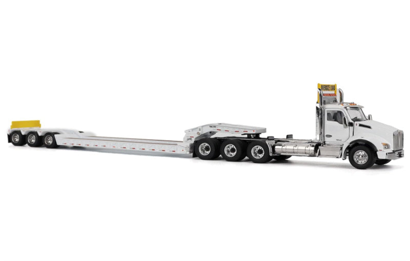 CATERPILLAR Kenworth T880 SBFA Daycab Tridem Tractor in White with Trail King TK120 HDG Lowboy Trailer 1:50 Truck Pre-built Model