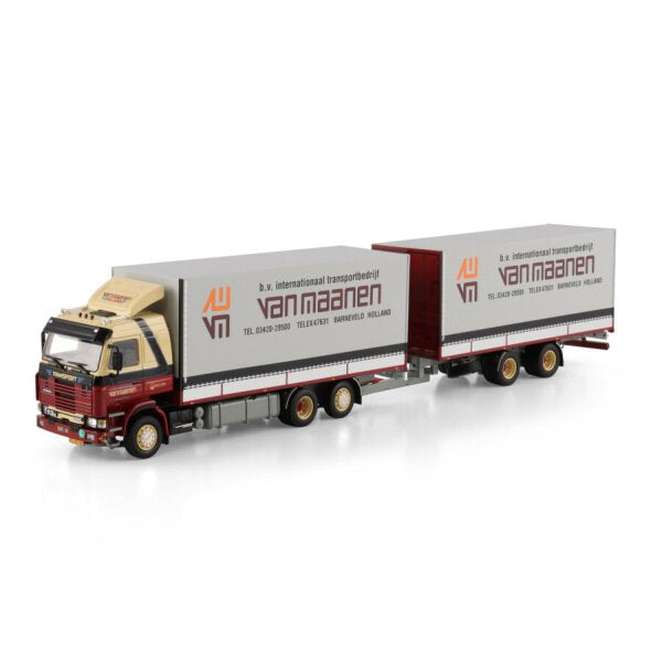 1:50 SCANIA VAN MAANEN 3 Series 6X2 CURTAINSIDE DRAWBAR CENTRE-AXLED TRAILER 5 AXLE WSI Diecast Model