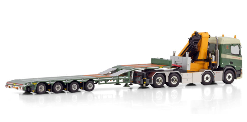 WSI  SCANIA R NORMAL CR20N 8X4 SEMI LOW LOADER - 4 AXLE WITH PALFINGER PK 135.002 TEC 7 Lock Transport 1:50 Truck Pre-built Model